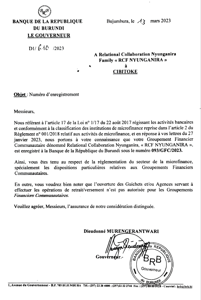 Bank of the Republic of Burundi registration 093/GFC/2023